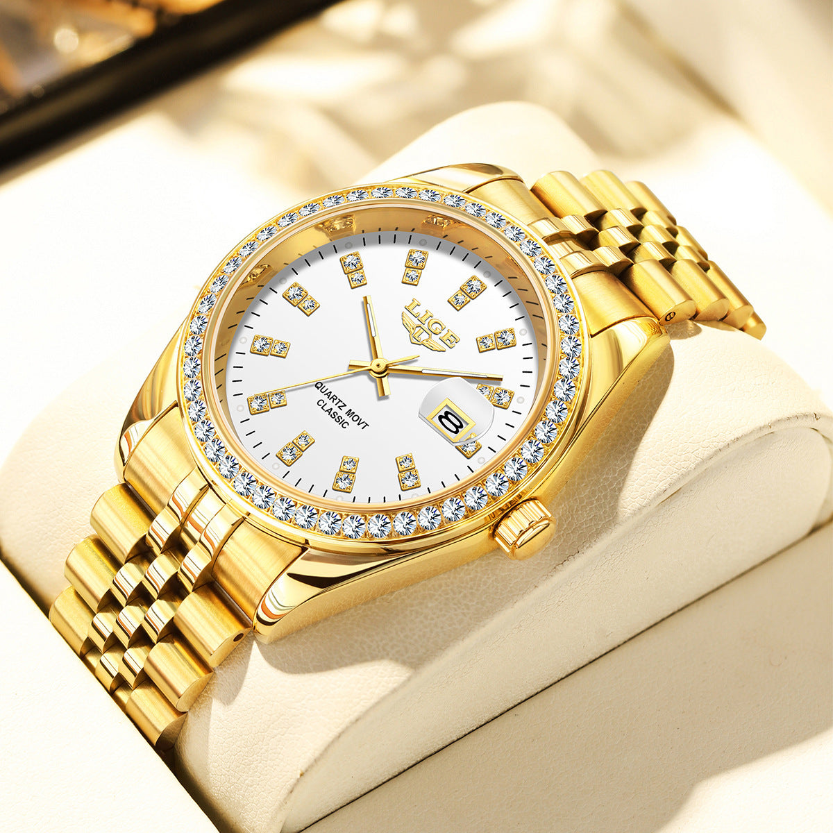 Luxvero Signature Gold men’s watch with deep blue dial, gold-tone bracelet and crystal-set bezel