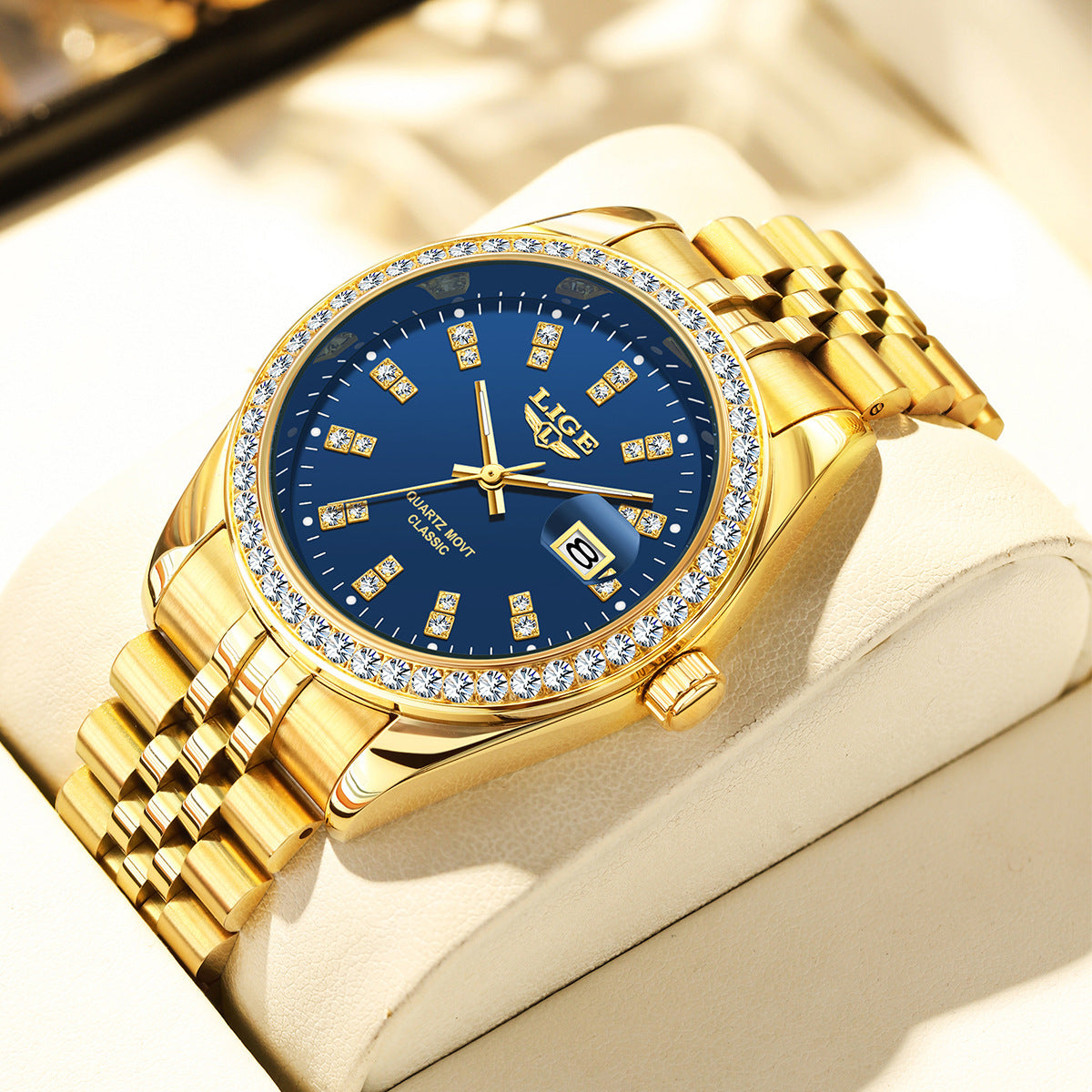 Luxvero Signature Gold men’s watch with deep blue dial, gold-tone bracelet and crystal-set bezel