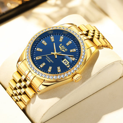Luxvero Signature Gold men’s watch with deep blue dial, gold-tone bracelet and crystal-set bezel