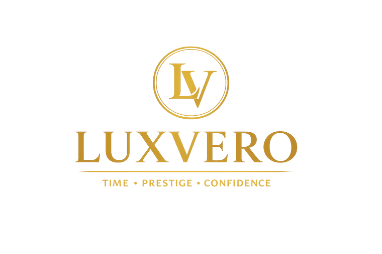 Gold Luxvero logo with stylized LV monogram inside a circle above the brand name 'LUXVERO' and the tagline 'TIME • PRESTIGE • CONFIDENCE' on a white background.