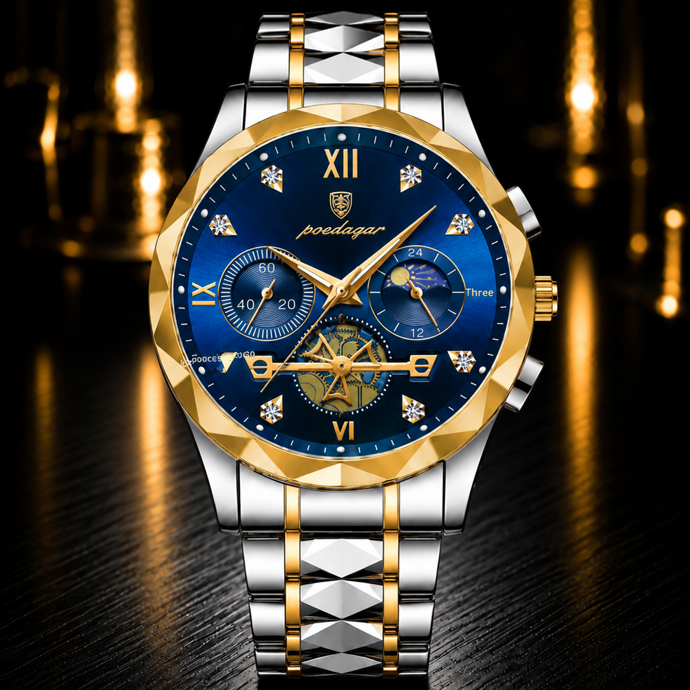 A luxury men's analog watch with a blue dial, gold-tone and silver-tone two-tone stainless steel case and bracelet, crystal rhinestone hour markers, and a moonphase subdial, set against a dark background with warm golden bokeh reflections.