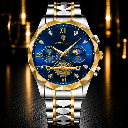 A luxury men's analog watch with a blue dial, gold-tone and silver-tone two-tone stainless steel case and bracelet, crystal rhinestone hour markers, and a moonphase subdial, set against a dark background with warm golden bokeh reflections.