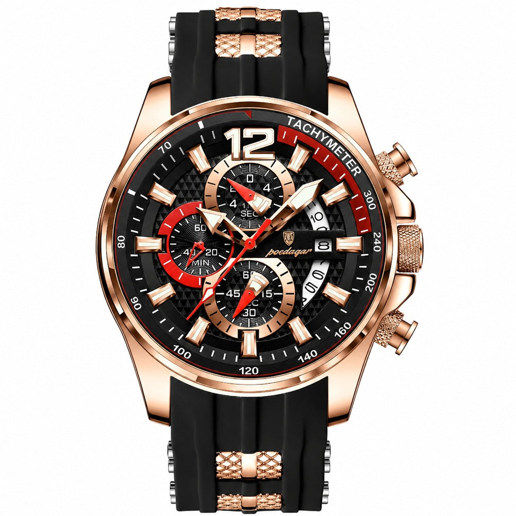Rose gold chronograph men’s watch with black strap and red accents