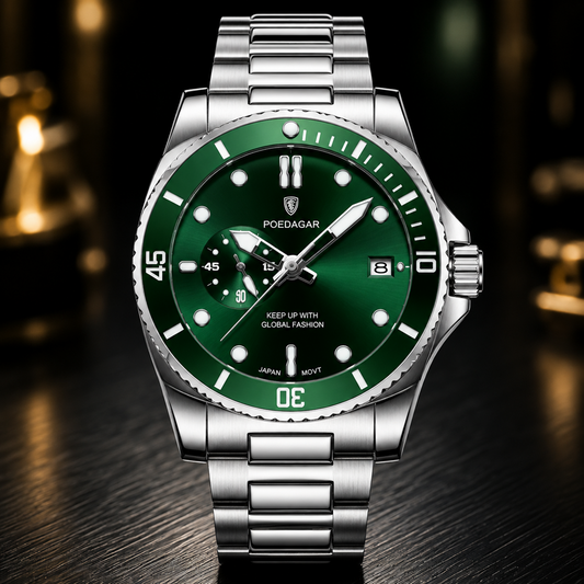 A stainless steel wristwatch with a green dial and green bezel, featuring a silver metal link bracelet, shown on a dark wooden surface with a blurred warm-toned background.