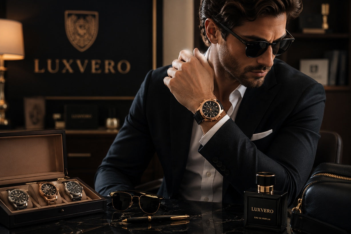 A man in a dark suit and sunglasses sits at a table wearing a Luxvero watch. An open watch box with three watches, sunglasses, a Luxvero perfume bottle, and a black bag are arranged on the table in a dimly lit, luxurious office setting.