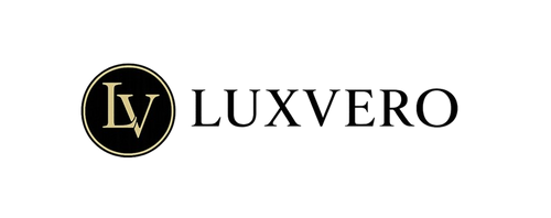 Luxvero logo with a circular black emblem featuring gold 'LV' initials and the word 'LUXVERO' in black serif text on a white background.