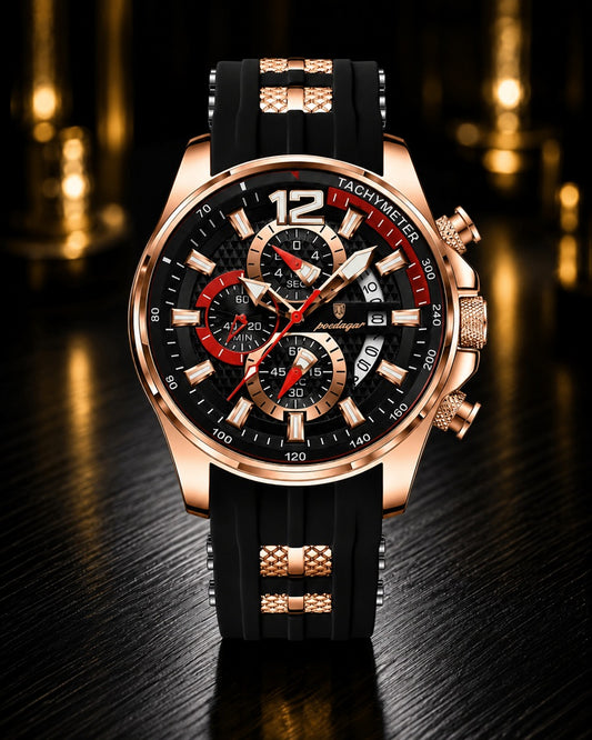 A luxury chronograph watch with a black rubber strap, black dial, and rose gold case, displayed on a dark wooden surface with warm golden bokeh in the background.