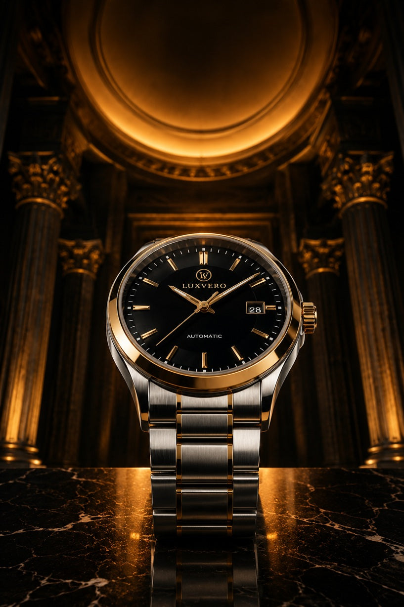 Luxvero black and gold automatic watch on a marble surface
