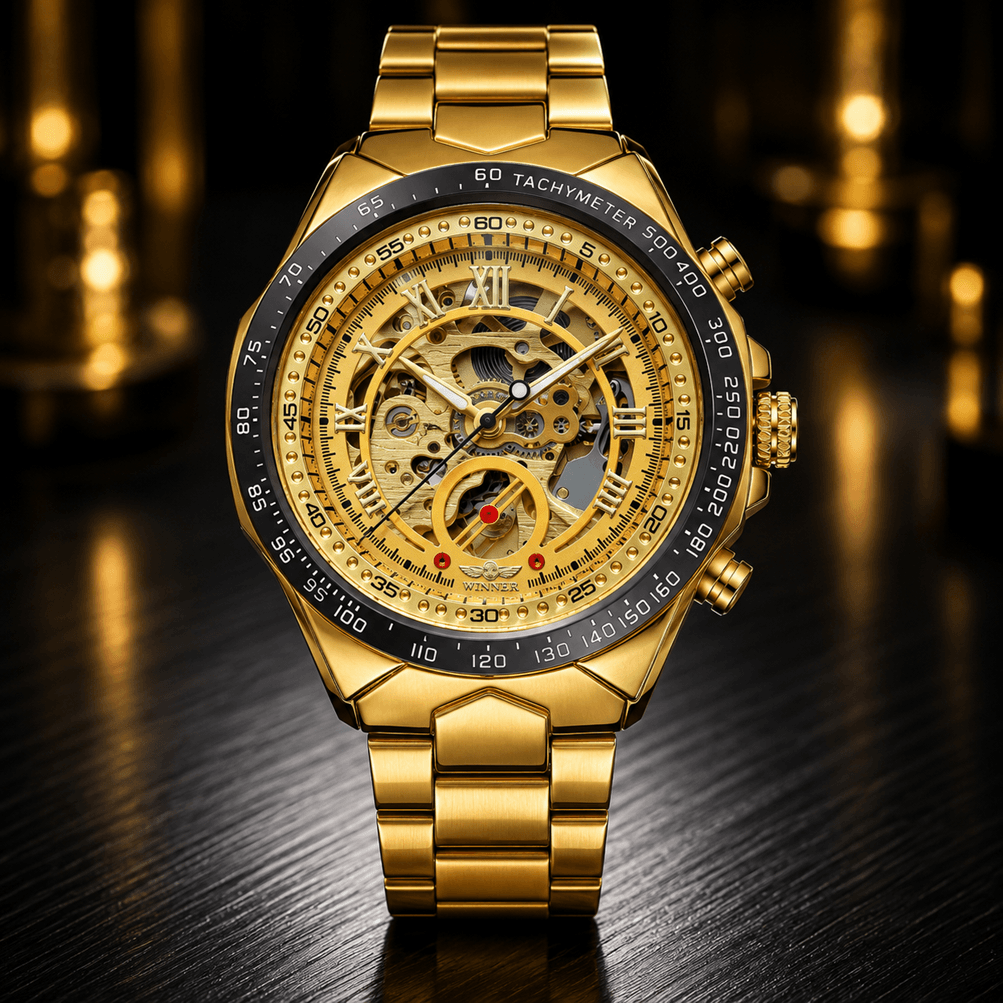 A luxury gold-tone skeleton watch with a matching gold-tone metal link bracelet, displayed on a dark wooden surface with a blurred golden background.