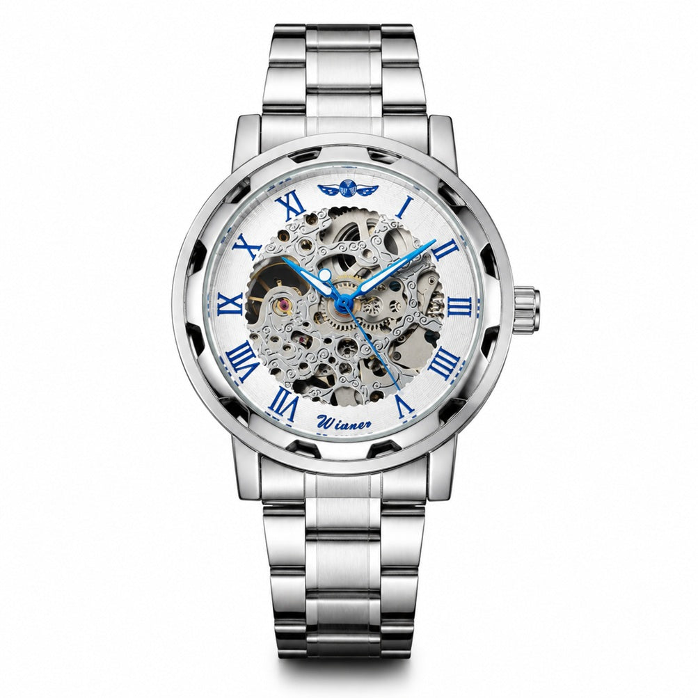 Silver automatic skeleton men’s watch with blue Roman numerals