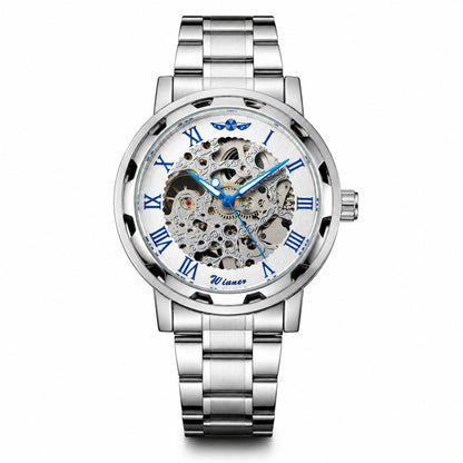 Silver automatic skeleton men’s watch with blue Roman numerals