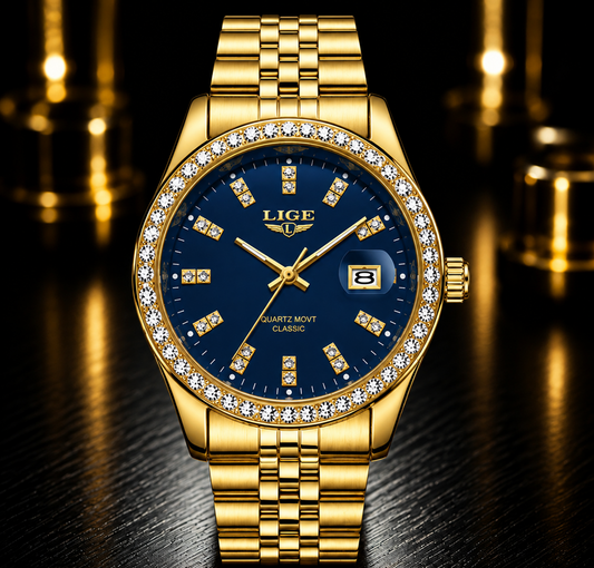Luxvero Signature Gold men’s watch with deep blue dial, gold-tone bracelet and crystal-set bezel