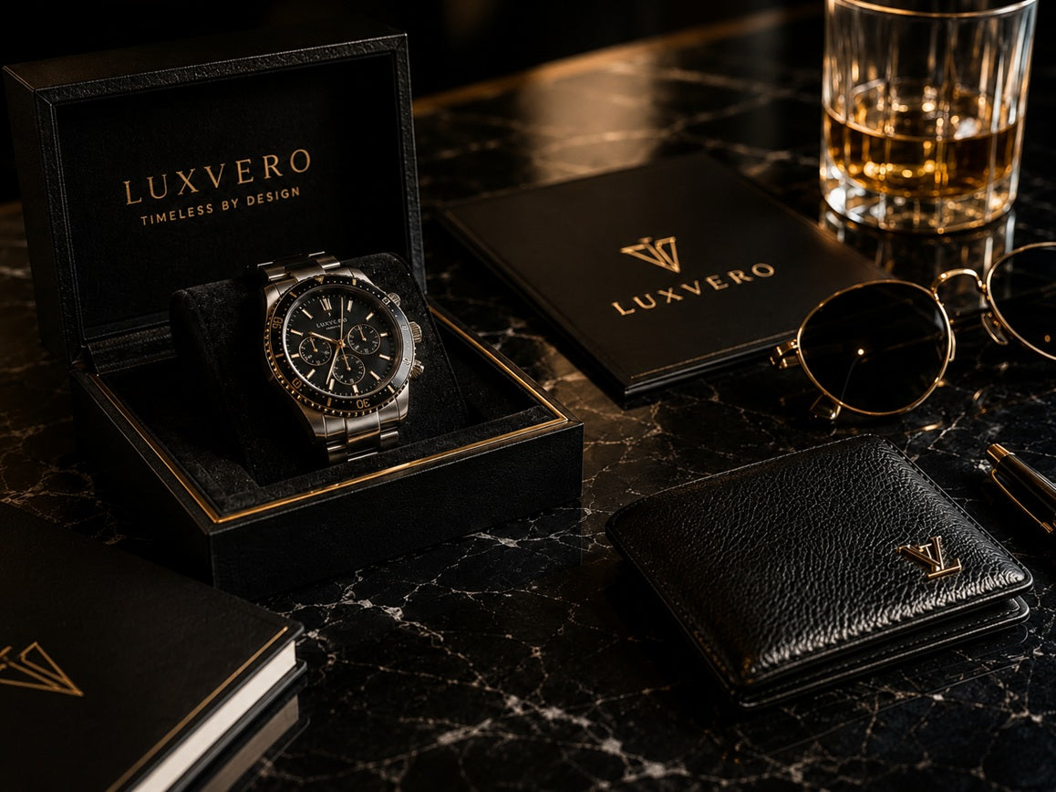 Luxvero watch presented in an open black presentation box on a dark marble surface, with matching branded accessories including a black leather wallet, booklet, sunglasses, and a glass of amber liquid nearby.