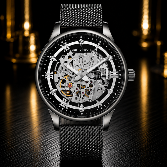 A Carl Vinson skeleton watch with a black mesh strap, featuring a detailed silver and black mechanical movement visible through the open dial, set against a dark background with warm golden reflections.