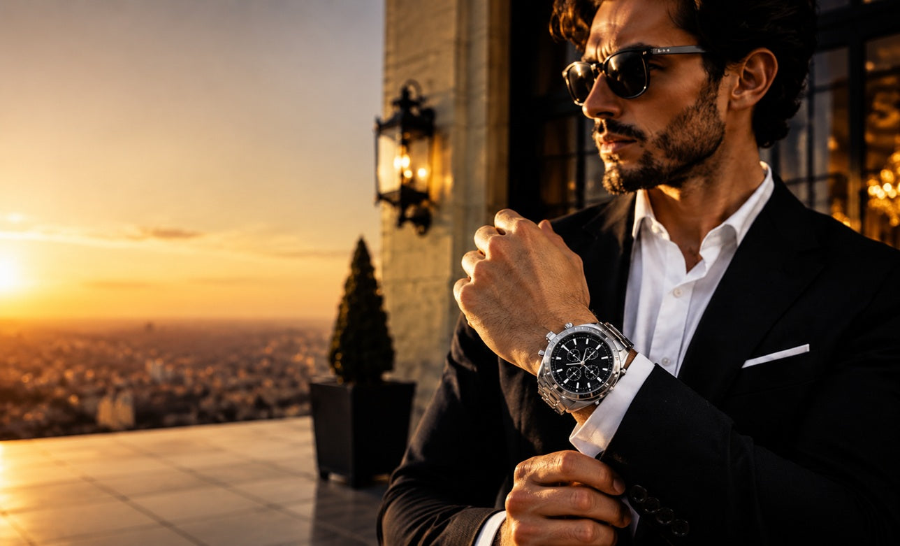 Elegant man wearing a luxury watch at sunset