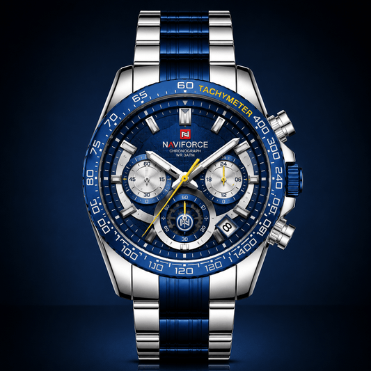 A luxury men's chronograph watch by Naviforce, featuring a blue dial, blue tachymeter bezel, and a two-tone silver and blue stainless steel link bracelet, set against a dark blue gradient background.