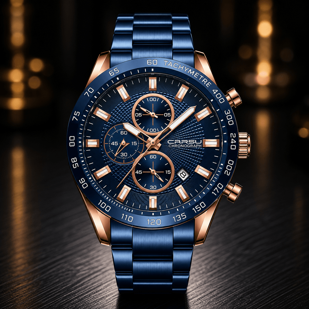 Luxvero Elite chronograph men’s watch in black and rose gold