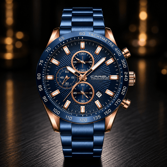 Luxvero Elite chronograph men’s watch in black and rose gold