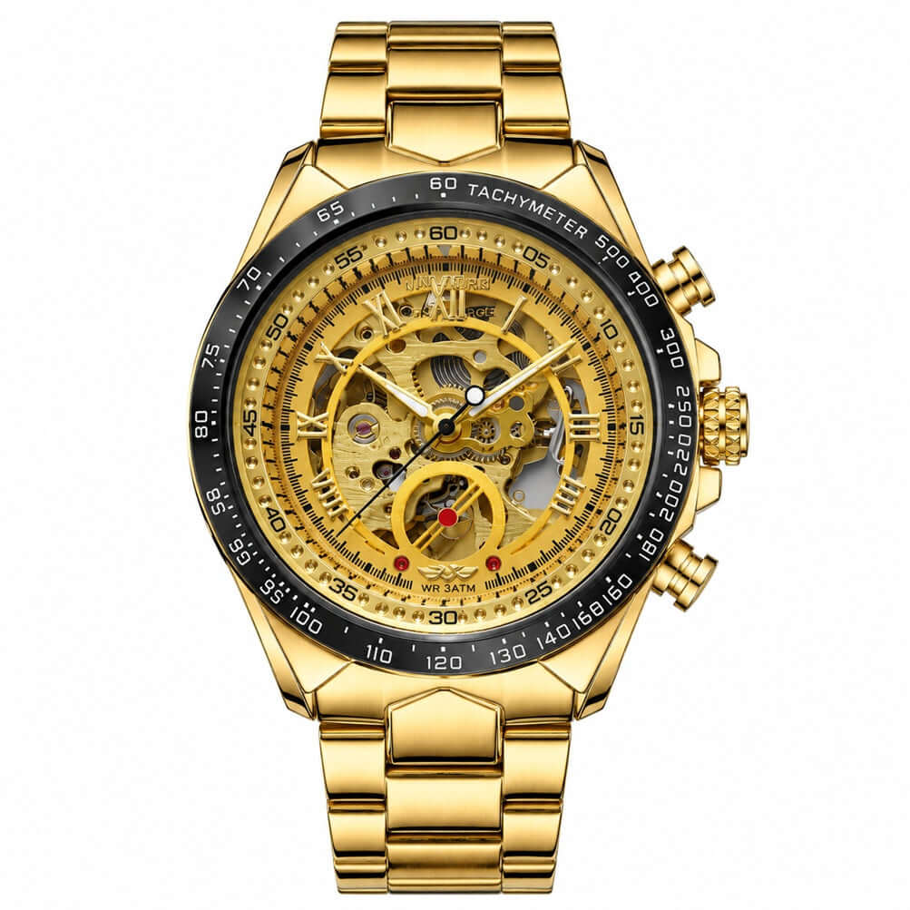 Gold automatic skeleton men’s watch with black tachymeter bezel